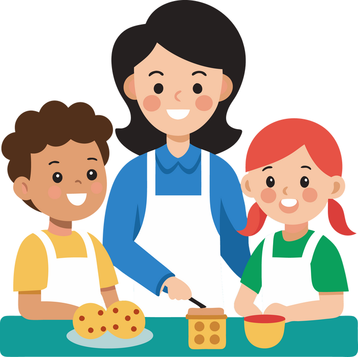 A woman is teaching two children how to make cookies